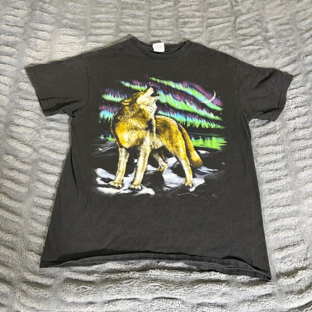 Delta Pro Weight Howling Wolf Northern Lights Graphic T-Shirt Black Mens Medium